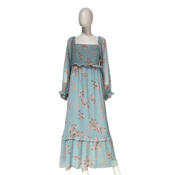 A Pea In The Pod Blue Smocked Bodice Empire Waist Dress Size L - Picture 2 of 5